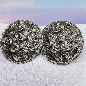 Vtg Silver Tone Crescent Moon Earrings Round Statement Stud Witch Whimsical Goth